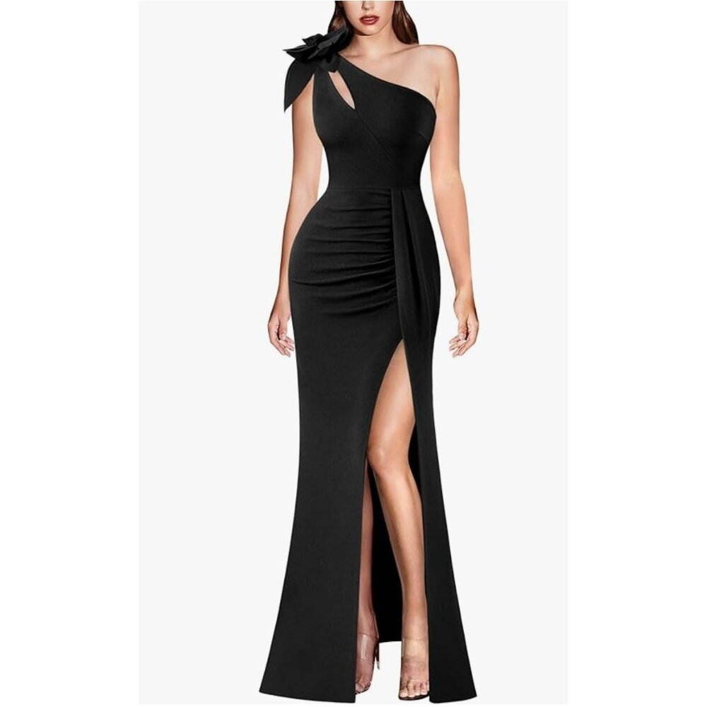 Sexy Black One Shoulder Cutout Long Gown Maxi Dress High Slit Size 3XL Plus Size